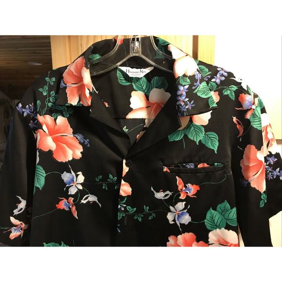 Hawaii Nei Honolulu Vintage Men’s L Black Floral Short Sleeve Button Shirt - Picture 3 of 12